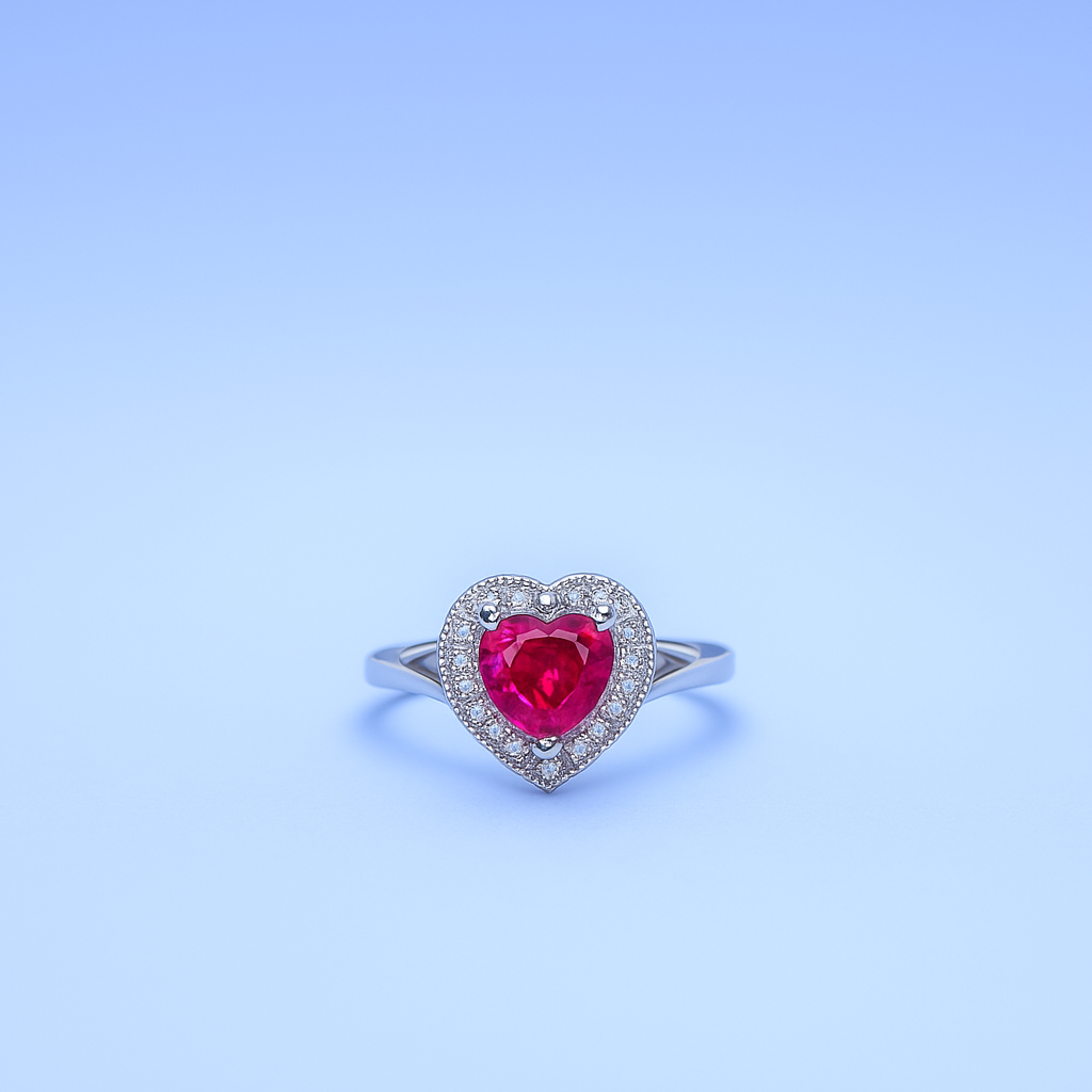 Heart-Shaped Red Gemstone Halo Ring – Sterling Silver Romantic Jewelry