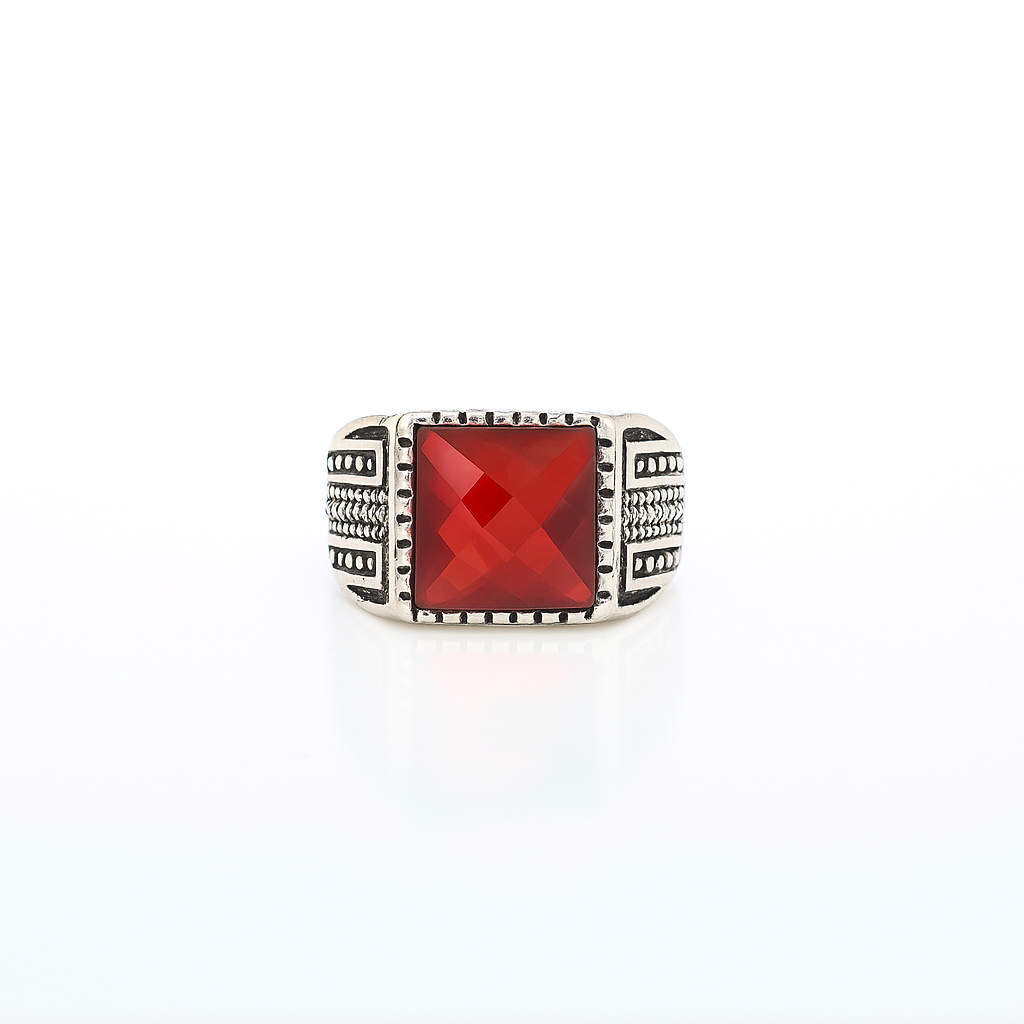 Vintage Red Stone Ring – Square Cut Gemstone with Silver Detailing