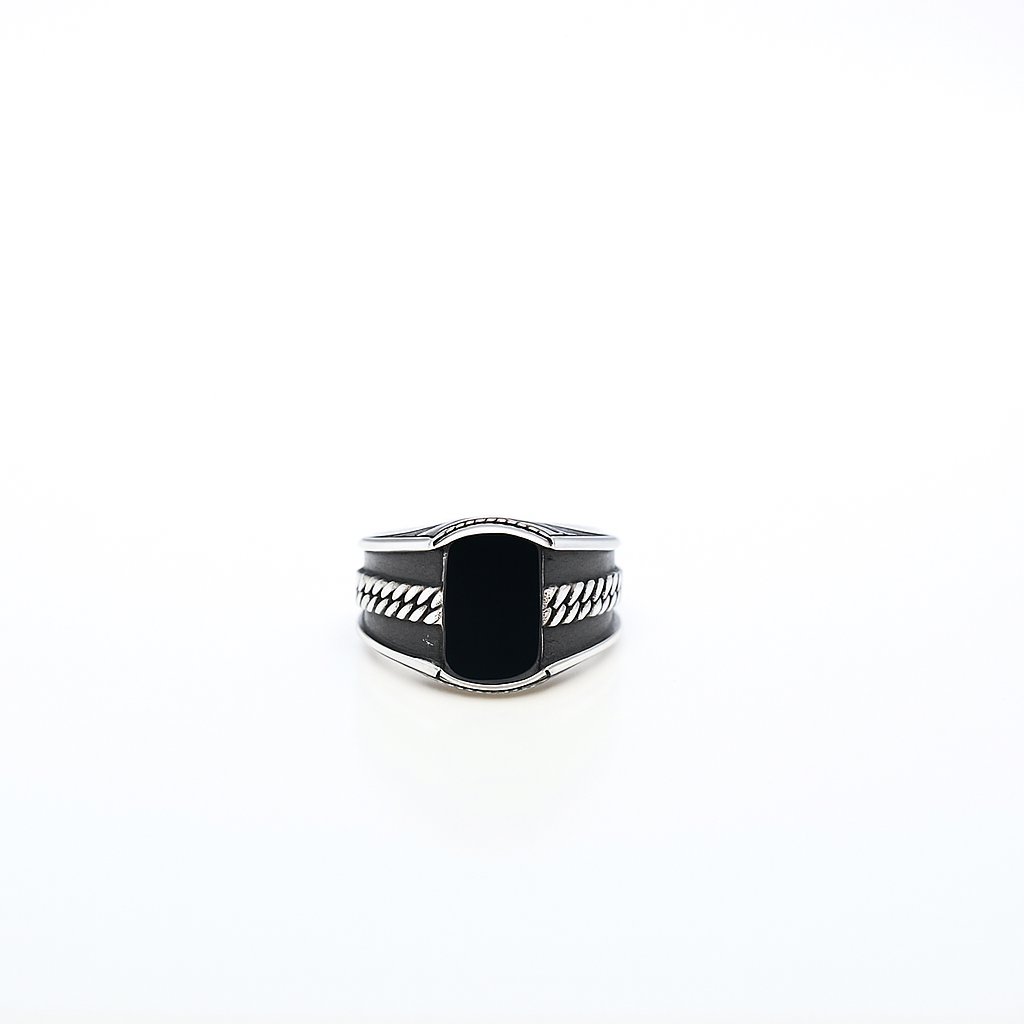 Black Stone Ring – Rectangular Gem with Silver Chain Detailing