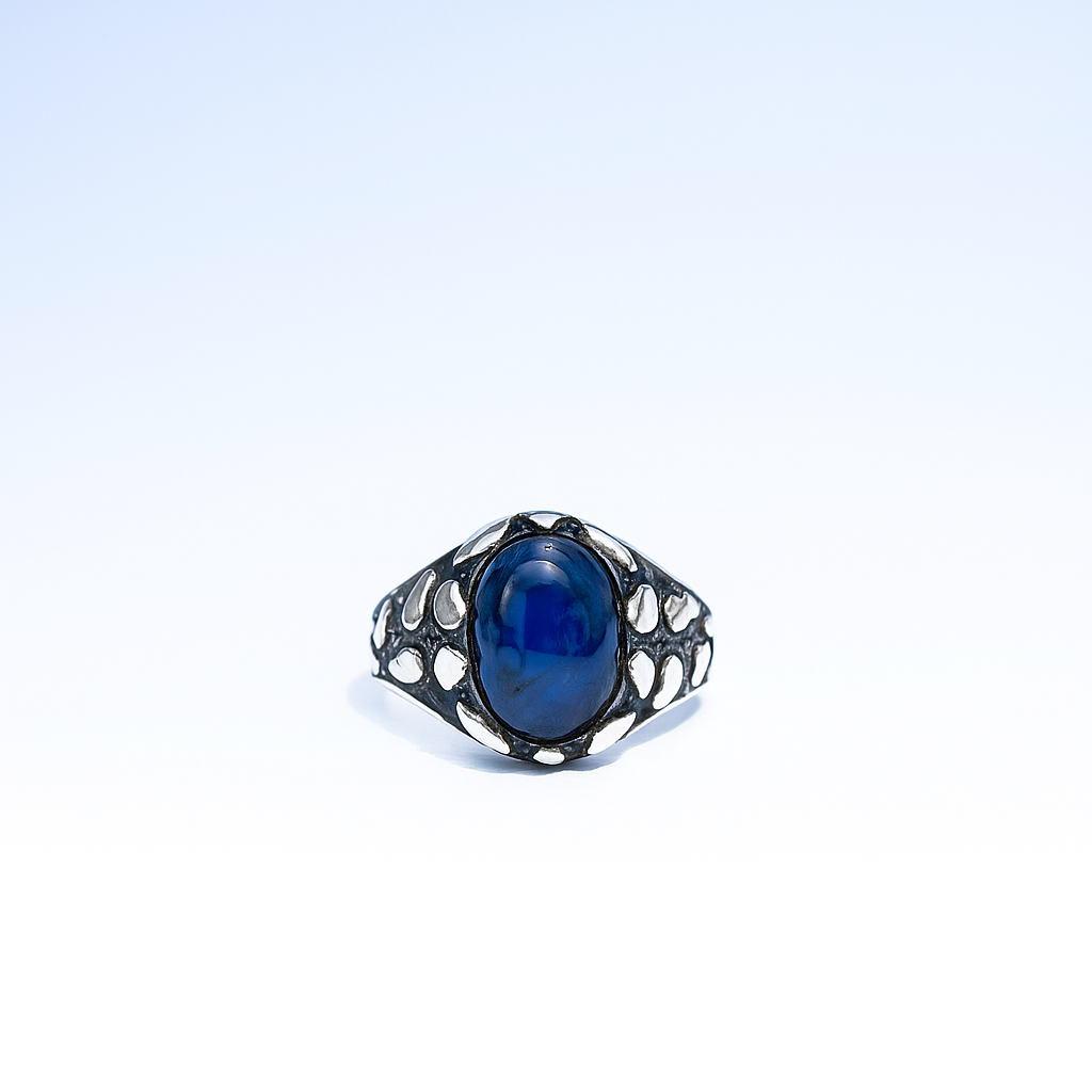 Men’s Antique Silver Ring with Oval Blue Stone – Bold Vintage Design