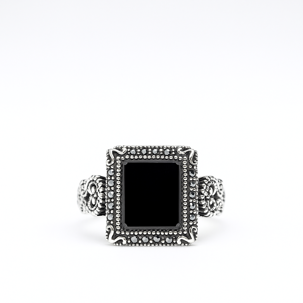 Men’s Antique Silver Ring with Square Black Stone – Vintage Bold Design