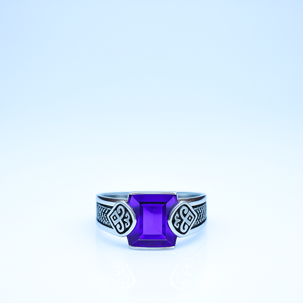 Antique Silver Ring with Rectangular Purple Stone – Stylish Vintage Design