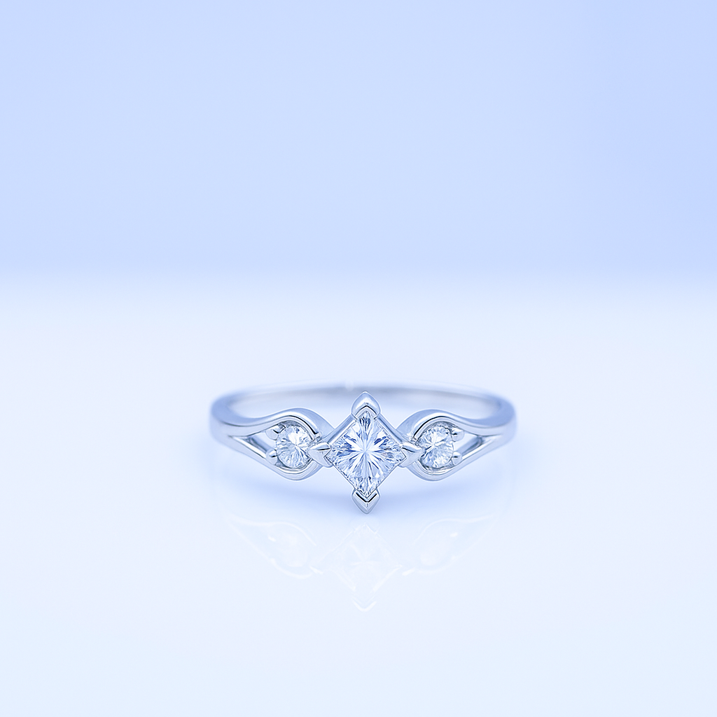 Sterling Silver Moon & Star Ring with Princess-Cut Cubic Zirconia