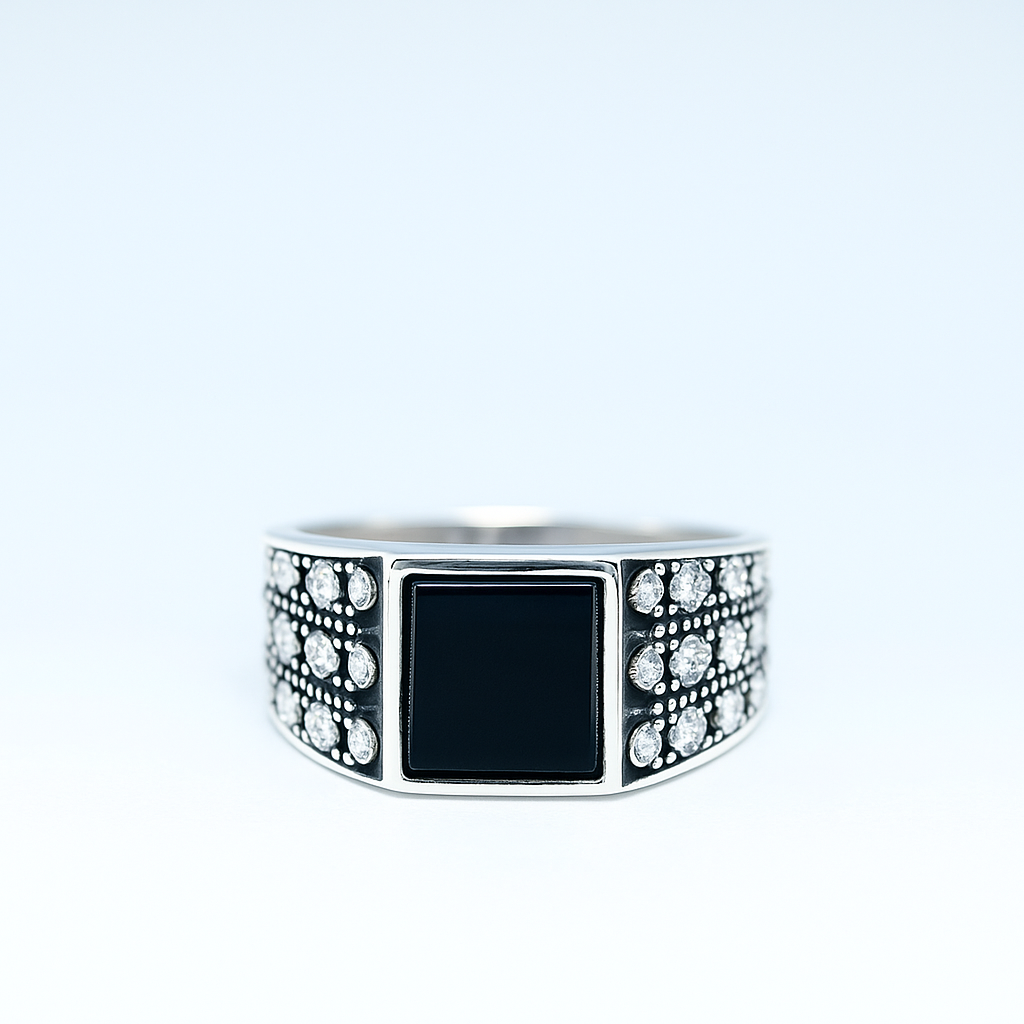 Men’s Bold Black Onyx Square Ring with Crystal Accents – Sterling Finish